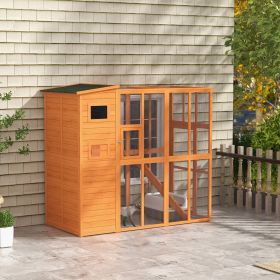 68.75" H Cat Cage Large Wooden Outdoor Cat House with Large Run for Play, Catio for Lounging, and Condo Area for Sleeping, Natural