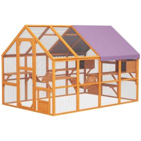 Outdoor Cat Enclosure Wooden Feral Cat House w/ Weatherproof Canopy, Bridges, Resting Boxes, Platforms, for 3-6 Cats (Color: Orange)